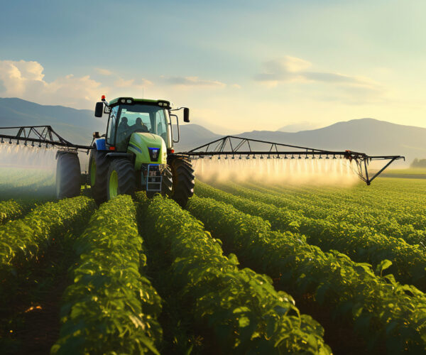 Tractor spraying pesticides fertilizer on soybean crops farm field
