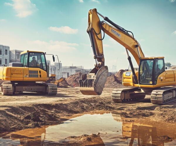 Workers operating heavy machinery in a construction site within the industrial zone. Generative Ai Workers operating heavy machinery in a construction site within the industrial zone.